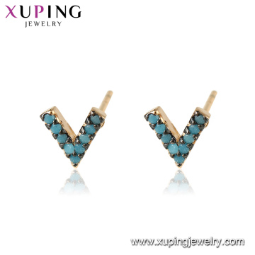 94989 xuping gold plated stud earring with blue turquoise letter v